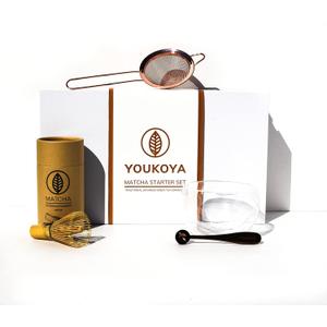 Matcha Traditional Starter Set, 4 Pieces, Double-Walled Glass Bowl, Rose Gold Sifter, Bamboo Whisk Chasen, 1g Measuring Spoon for Preparing Matcha