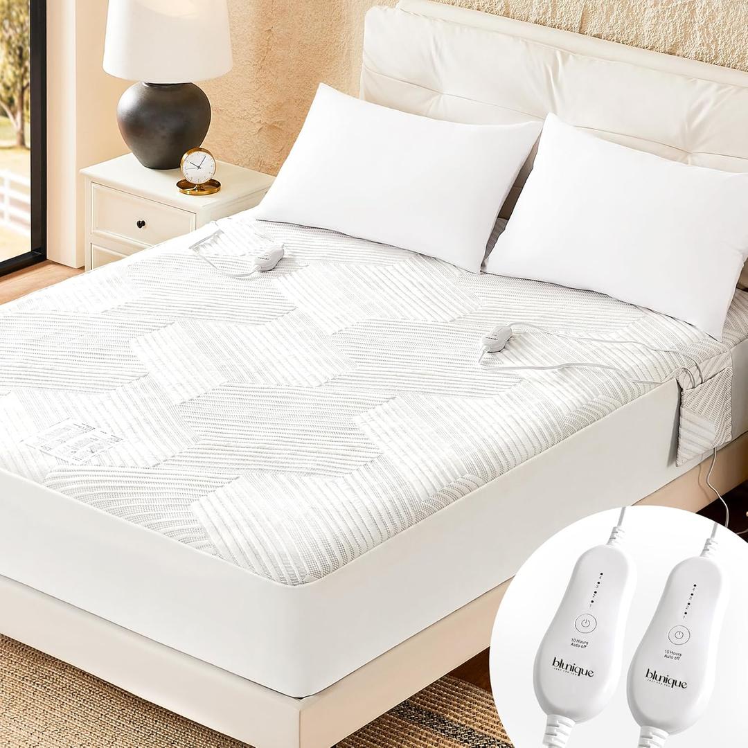 blunique Electric Heated Mattress Pad Twin Size Single Control Bed Warmer, Deep Pocket, Side Storage Pouch for Controller, Machine Washable, 3D Air Layer Fabric, 39"x75", Grey