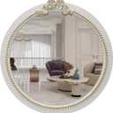 Vintage Round Wall Mirror 20inch Farmhouse Wooden Vanity Mirror for Wall Decor, Decorative Antique White Bathroom Mirrors, Traditional Art Home Bow Decor for Dressing Table, Living Room or Bedroom