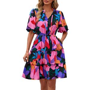 BTFBM Women Summer Floral Short Dresses V Neck Short Sleeve Tiered Ruffle Boho Swing Dress A-Line Mini Dresses, Large