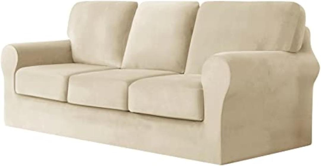 7 Piece Stretch Velvet Ektorp Sofa Covers, for 1 Base Cover, 3 Cushion Couch Cover and 3 Backrest Cover, for Living Room Furniture (Beige,3 Seat 7 PCS)