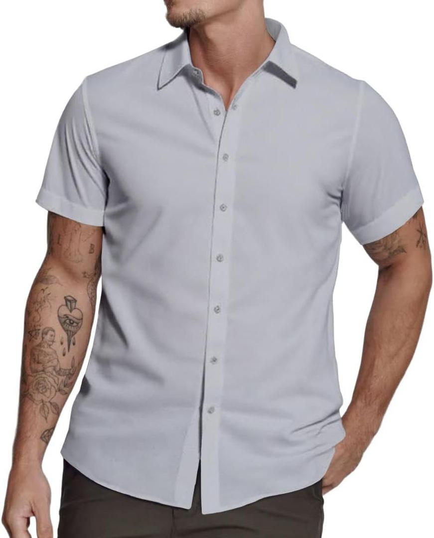 Mens Short Sleeve Dress Shirts Stretch Casual Button Down Shirts Solid Regular Fit Formal Shirt (Gray, M)