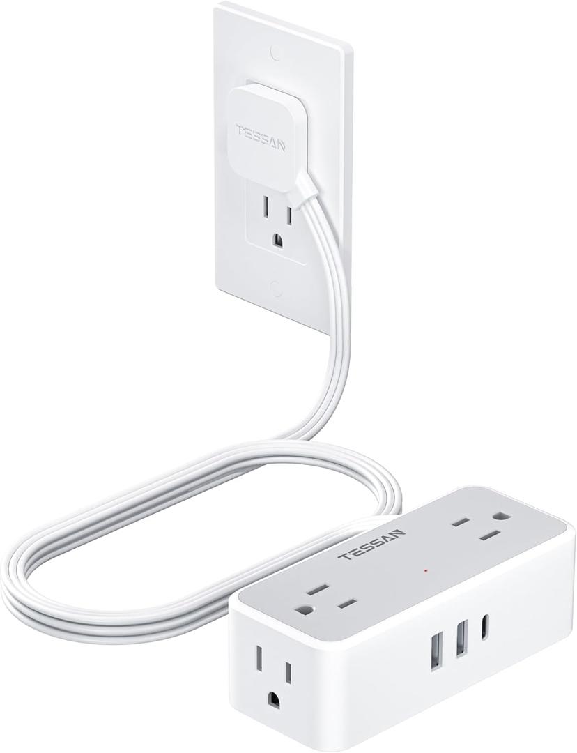 Flat Plug Extension Cord 5 FT, TESSAN Surge Protector Power Strip with 4 AC Outlets 1 USB C and 2 USB A Ports, 900 Joules Protection, Multiple Wall Outlet Extender Suitable for Home Office Dorm (5 FT, Gray)