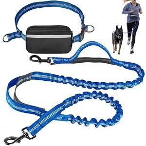 Hands Free Dog Leash with Waist Belt – No-Pull Bungee, Dual Padded Handles & Zipper Pouch for Running, Walking & Training – Adjustable Waist Leash for Large & Medium Dogs (Dark Blue)