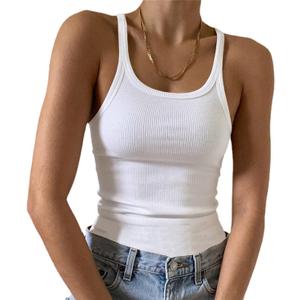 Artfish Women's Sleeveless Tank Top Form Fitting Scoop Neck Ribbed Knit Basic Cami Shirts (Full Length White, XS)