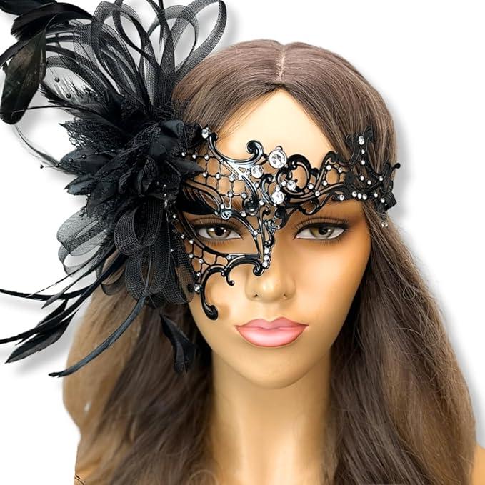 Black Metal Masquerade Mask for Women Halloween Costume Feather Party Masks Feathers Venetian Mardi Gras Burlesque Mask