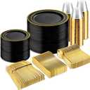 bUCLA 600PCS Black and Gold Disposable Dinnerware Set - Black Plastic Plates Disposable for Party Include 100 Dinner&100 Dessert Plates,100 Knives,100 Forks,100 Spoons,100 Cups