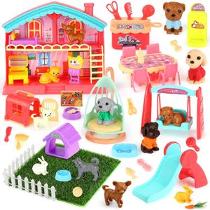 Leyndo 48 Pcs Dog and Cat Pet Figurine Playset Role Pretend Toy Set for Kids Realistic Educational Pet Care Center Dollhouse Role Play Sensory Gifts for Toddlers Boys Girls Birthday