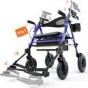 3 in 1 Walkers for Seniors with Adjustable Footrest, Wheelchairs for Adults, Rollator Walker with Seat, Rollator Transport Chair with Brakes, Lightweight Foldable Walker Wheelchair Combo, Blue