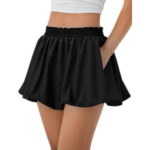 COZYPOIN Womens Bubble Skirt Boho Elastic High Waisted Cute Ruffle Puffy Balloon Shorts Y2K Going Out Mini Skorts Pockets(Black-XL)