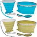 Mess Kit for Camping Silicone Collapsible Bowl Collapsible Cup and Stainless Steel Spoon for Backpacking Outdoor Hiking Traveling and Picnic - 2 Pack (Blue+Green)