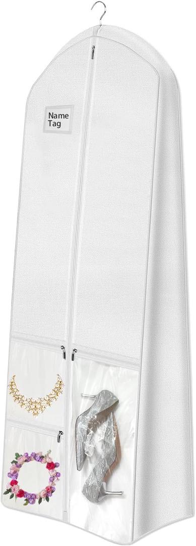 72" Wedding Dress Garment Bag with 10'' Gusseted Dress Bags for Gowns Long 4 Pockets Dress Cover for Women, White