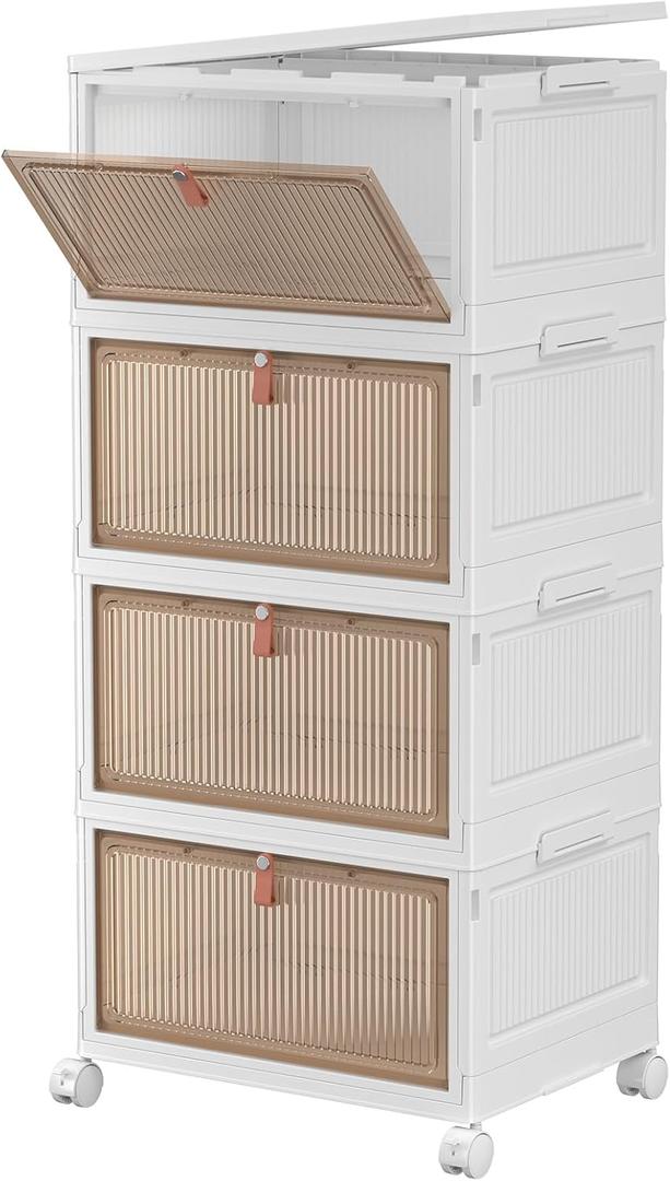 4 Tier Stackable Storage Bins with Lids, 28Qt Plastic Storage Containers with Magnetic Doors & Wheels, Convenient Storage Bins Closet Organizers, Rigid Household Organization for Home (White)