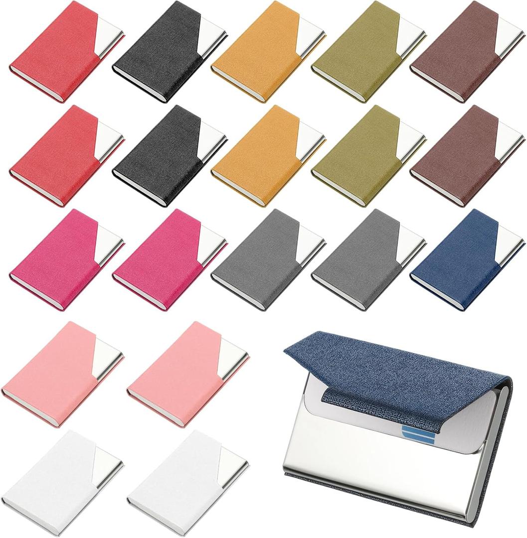 PATIKIL PU Leather Business Card Holder, 20Pcs Stainless Steel Name Card Case with Magnetic Wallet Pocket Carrier for ID Card Men Women, Multicolor