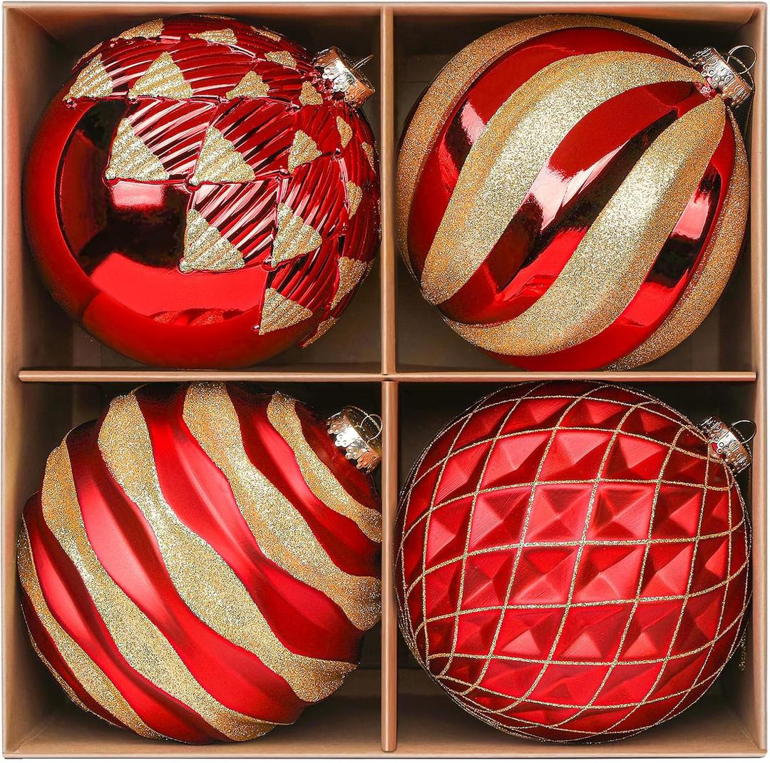 Alupssuc 6''/150mm Large Christmas Ball Ornaments, 4Pcs Christmas Tree Decor, Shatterproof Hanging Decorations with Hooks, Red & Gold Baubles for Xmas Tree, Wedding, Holiday and Party Decor