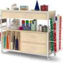 Wrapping Paper Storage & Organizer, Craft Cart with Ribbon & Gift Bag Storage, Wrapping Paper Organizer Holder(3 Wooden Drawers- Oak)