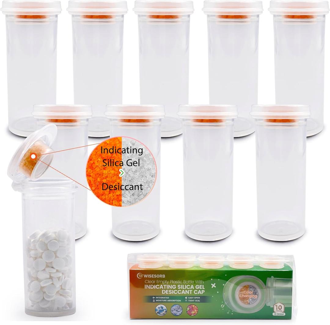 Pill Bottle with Desiccant Cap, Medicine Bottle, Pill Bottles Empty with Caps, Empty Pill Bottles (8 Dram, 10 Pack)