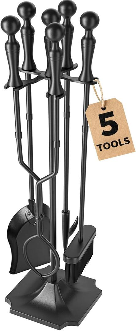 AMAGABELI Garden & Home 5 Pcs Fireplace Tools Set 31 Inch Indoor Black Handle Wrought Iron Large Fire Tool Accessories Set Holder Outdoor Fireset Modern Fire Pit Stand with Poker Brush Shovel Tong