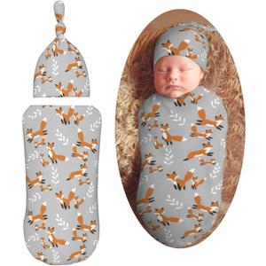 Cute Foxes Leaves Gray Newborn Swaddle Blankets Hat Sets Soft Baby Receiving Blanket Swaddle Sack for Baby Shower Infant Boy Girl Gift (One Size, Multicolor21)