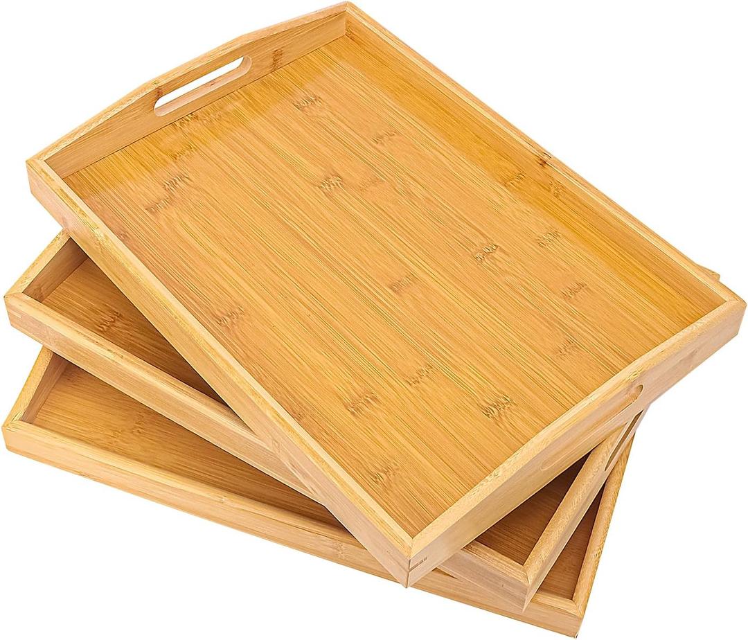 3 Pack Bamboo Serving Tray, 16x 11.6 Inch Wooden Serving Trays with Handles, Bamboo Trays for Serving Food, Perfect for Dinner, Tea, Bar, Breakfast, and Food for Parties, Bed, & Kitchen