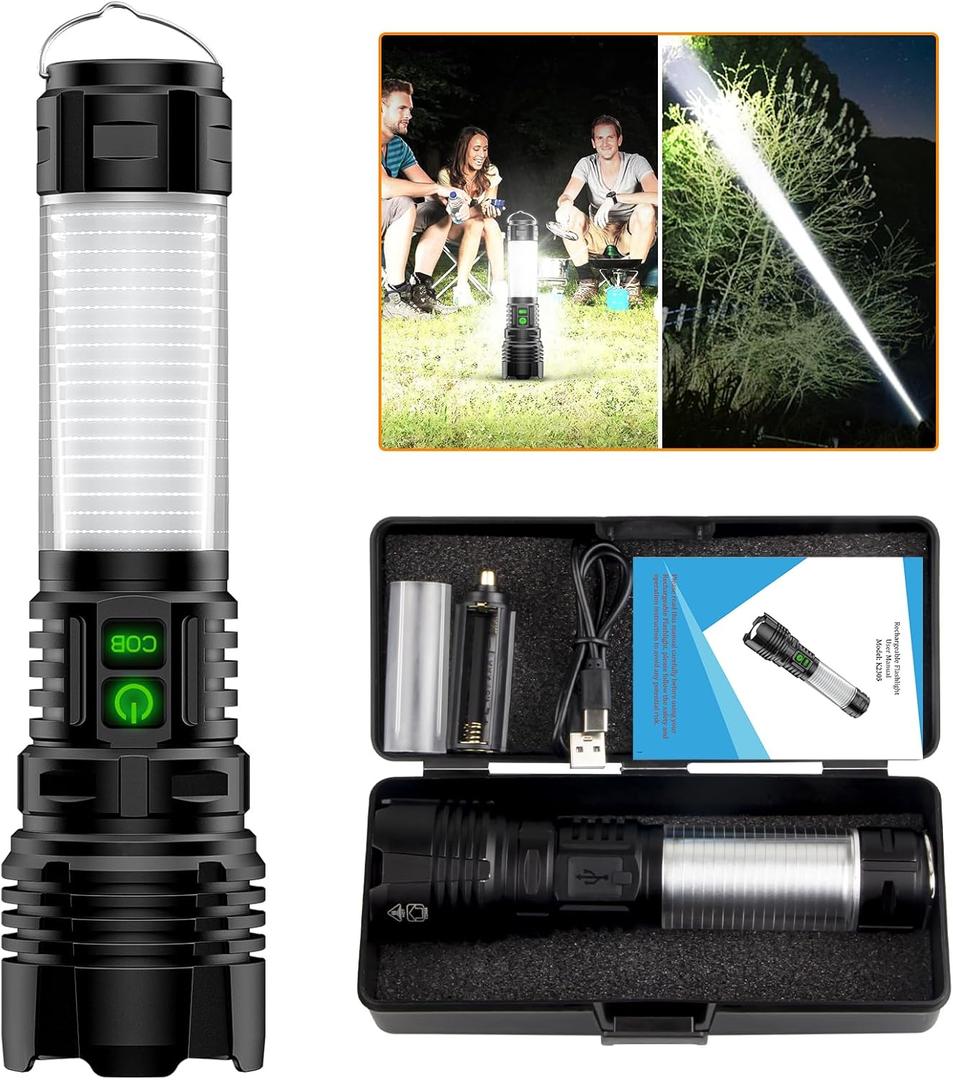 Rechargeable LED Flashlight Lantern 2000 High Lumens - with Camping Lanterns, Long Range LED Super Bright Flashlight for Camping, 5 Mode, High Powerd Heavy Duty Zoomable Waterproof Tactical Flashlight (1pcs)