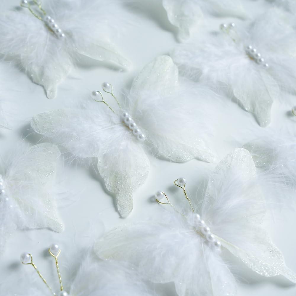 12 PCS White Feather 3D Butterfly Wall Stickers, Glitter Butterflies Decor for Flower Bouquet Nursery Wedding Cake Baby Shower Birtyday Party Decorations DIY Crafts, Butterfly Hair Clips