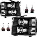 Headlight Assembly Compatible with 2007-2013 Chevy Chevrolet Silverado 1500 2500HD 3500HD Front Lamp with Bulb Black Housing/Clear Lens/Clear Corner (Black/Clear/Clear)