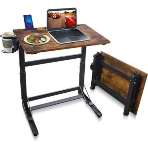 No Assembly Folding TV Tray Table C-Shaped Couch End Table with Cup Holder & Device Slots, Extra Wide Portable Laptop Desk for Eating, Working, Bed, Sofa, Rustic Wood
