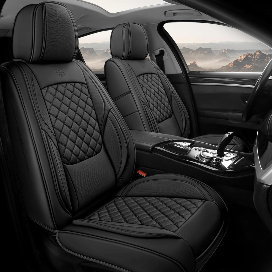 Premium Leather Car Seat Covers, Universal Fit for Cars SUVs Trucks and Sedans, Waterproof Car Seat Cushion with Airbag Compatible & Scratch-Resistant, Black Seat Covers for 5 Seats (Full Set)