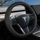 Steering Wheel Cover for Tesla Model 3 (2017-2026) & Model Y (2020-2026) - Custom Fit Leather Cover for Highland/Juniper 15" D-Shape Wheel - Premium Interior Accessory (Black)