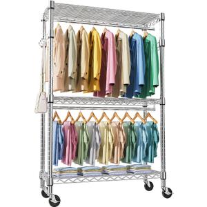 Heavy Duty Rolling Garment Rack 3 Tiers Adjustable Wire Shelving Clothes Rack with 2 Rods and Side Hooks, Storage Closet Clothing Rack with Wheels Chrome 17.7" D x 47.2" W x 83.6" H