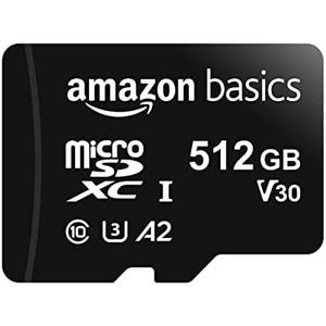Amazon Basics Micro SDXC Memory Card with Full Size Adapter, A2, U3, Read Speed up to 100 MB/s, 512 GB, Black