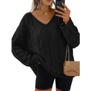 Trendy Queen Oversized Long Sleeve V Neck Cable Knit Sweaters (Medium, Black)