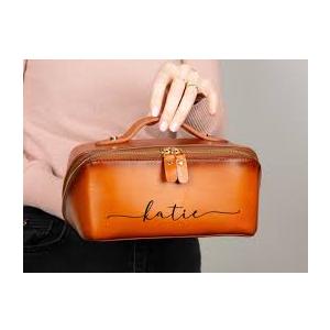 Personalized Makeup Bag for Women - Customized Large Travel Cosmetic Bag with Initial and Name - Premium PU Leather Toiletry Bag with Compartments and Handle for Travel Essentials & Gifts