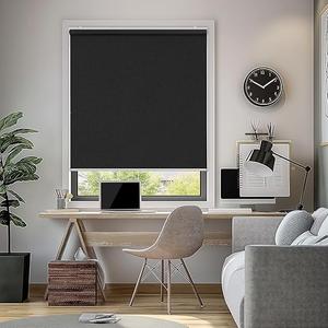  Cordless Blackout Roller Shade with Spring System Room Darkening UV Protection Jacquard Fabric Blackout Blinds for Indoor Window Shades Pull Down for Home and Office, Black, 23" W x 72" H
