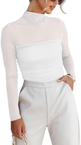 REORIA Women’s Trendy Sexy Mock Turtle Neck Long Sleeve Sheer Mesh Ruched Going Out Bodysuits Tops L