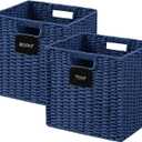 UBBCARE 2 Pack Wicker Basket, 10.5×10.5 Storage Cubes with Label, Foldable Cube Storage Bin with Handle, Square Storage Basket for Shelves, Woven Paper Rope Basket for Organizing, Blue