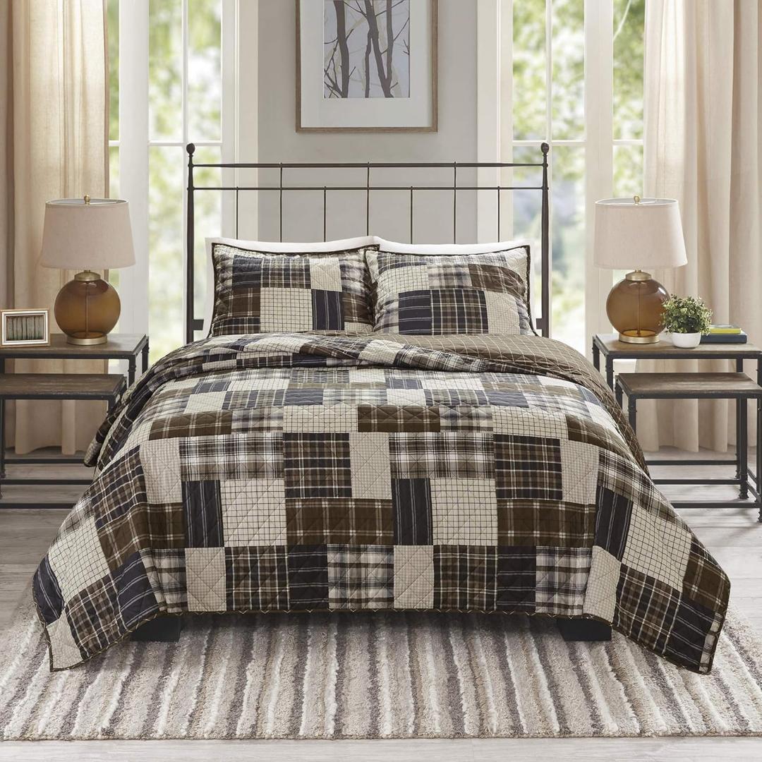Madison Park Reversible Quilt Cabin Lifestyle Plaid Design - All Season, Breathable Coverlet Bedspread Bedding Set, Matching Shams, Timber Black/Brown King/Cal King(104"x94") 3 Piece