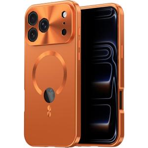 Magnetic Metal Edge Full Body Military Drop Protection for iPhone 17 Pro Max Case,Compatible with MagSafe,Rugged Built-in Privacy Screen Protector Logo View Shockproof Cover,Orange