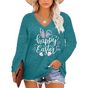 Plus Size Easter Shirts for Women Happy Easter T Shirt Bunny Rabbit V Neck Tees Easter Long Sleeve Shirt Tops (3X-Large, Sky Blue)