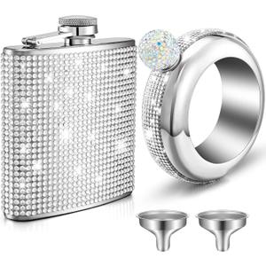 Yaomiao 2 Pcs Flask for Women Creative Bangle Bracelet Bottle 3.5 oz 6 oz Rhinestone Water Bottle Diamond Bottles 304 Stainless Steel Hip Container Funnel Set for Sport (Silver)
