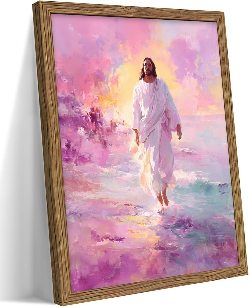 Framed Pink Jesus Wall Art Gifts for Christian, Jesus Walking On Water Canvas Prints, Savior Christian Wall Decor, Inspiring Religious Belief Artwork Decor for Prayer Room 8x10in