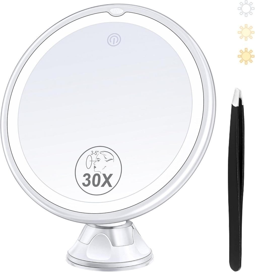 Magnifying Mirror with Light 30X, Lighted Makeup Mirror 30X for Precision Makeup, 3 Color Modes and Adjustable Brightness, 360 Swivel Magnifying Mirrors Suction Cup for Bathroom 8 Inches