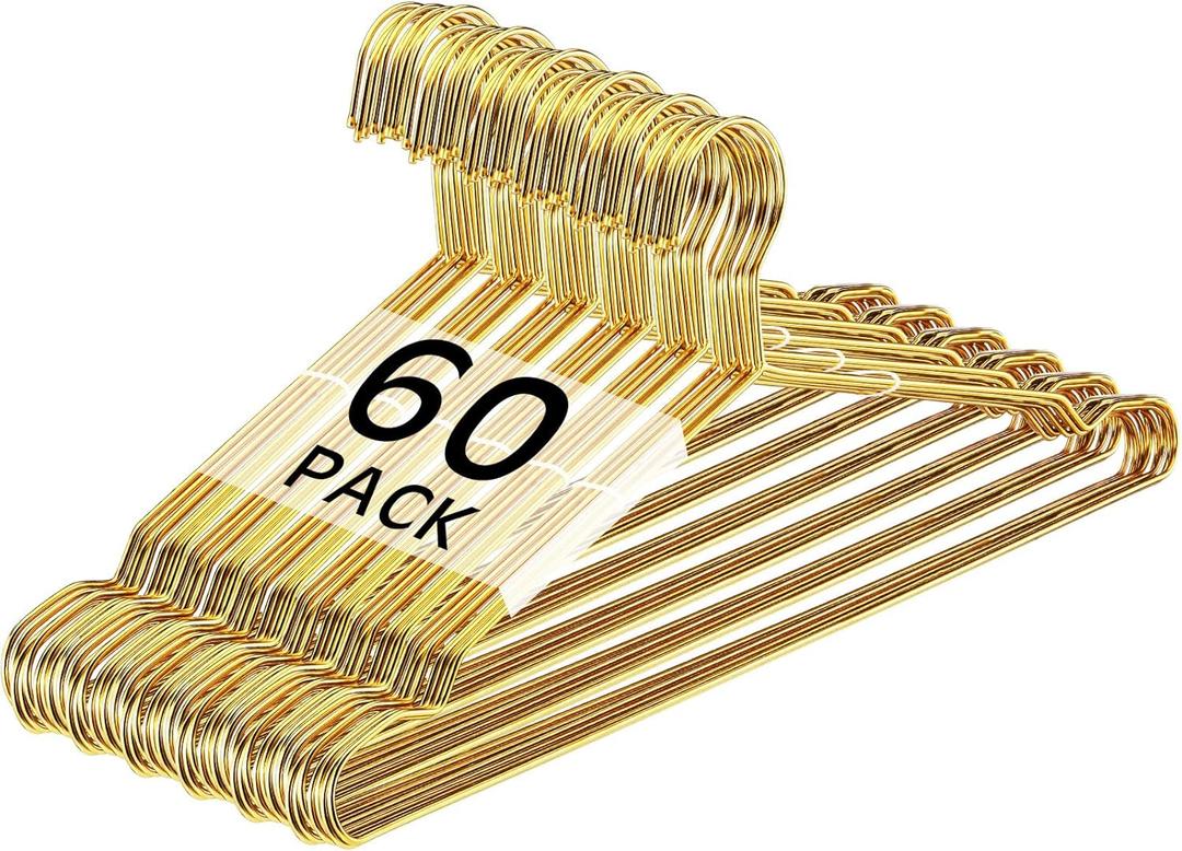 Suclain 60 Pack Gold Metal Wire Clothes Hangers 17.7 Inch Stainless Steel Heavy Duty Round Hook Thin for Coats, Blouses, Dresses