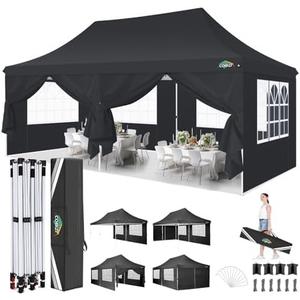 COBIZI 10x20 Pop Up Canopy with 6 Sidewalls, Conical Party Tent 10x20 with 3 Adjustable Height Waterproof, UV-Resistant with Carry Bag, Sandbag, Stake, Ropes for Parties, Commercial (Frame Upgraded) (Black)