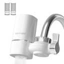 Faucet Water Filter for Sink, Rapid Flow - 400 Gallons Faucet Mount Water Filtration System for Tap Water, NSF Certified Reduces Chlorine & Bad Taste with 2 Replacements, T1 (White-T1-2 Filter)