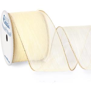 Ribbli Ivory Crinkled Wired Ribbon 2.5 Inch with Metallic Wavy Christmas Ribbon for Cristmas Tree Topper Bow Wreaths Swags Gift Wrapping Wedding Decoration-Countinuous 10 Yard