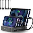 MSTJRY Charging Station for Multiple Devices : 5 Port Multi USB-A Charger Stations Multi-Device Organizer Charging Dock Designed for iPhone iPad Cell Phone Tablets (7 Short Cables Included), Gray