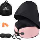 Neck Pillow for Travel - Hooded Memory Foam Plane Pillow for Airplane, Office, Cars Sleeping, Long Flights, Portable Plane Accessories, Includes Eye Mask & Earplugs, Pink
