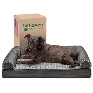 Furhaven Cooling Gel Dog Bed for Medium/Small Dogs w/ Removable Bolsters & Washable Cover, For Dogs Up to 35 lbs - Luxe Faux Fur & Performance Linen Sofa - Charcoal, Medium
